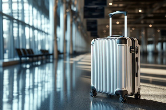 Stylish Silver Suitcase in Modern Airport Terminal &ndash; Travel Essentials