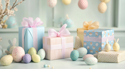 Easter gift boxes with colorful eggs on a table