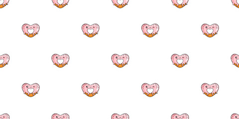 Seamless pattern with cute hand drawn heart-shaped donut in pink glaze. Vector design for print, fabric, wallpaper or wrapping paper.