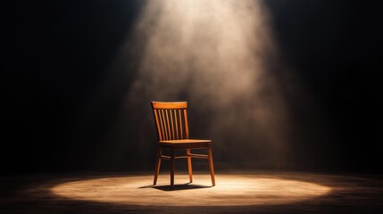 Simple wooden chair on stage under a spotlight on a dark background.