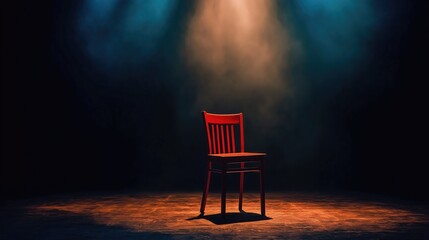 Spotlight shines on a empty red chair on a dark background.