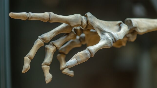 Skeleton human hand points with a finger. Close-up.