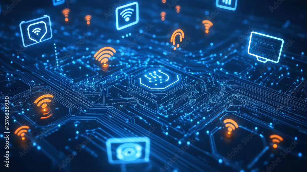 Poster artificial intelligence and wireless technology. global digital network. internet data security. 3d 