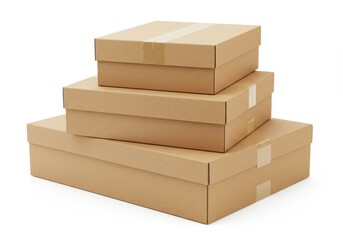 Stack of three brown cardboard boxes in different sizes isolated on white background