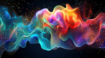 Synthetic mind of abstract neural networks. Science and technology innovation. Neon strings of wavy particles. 3d illustration of abstract cyberspace