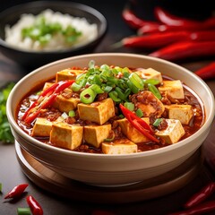Spicy Mapo tofu, glistening red chilies, silky tofu, rich Sichuan sauce, bold and fiery
