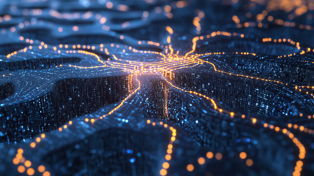 Abstract sci-fi 3D illustration. Connected neurons, electrical impulses. Artificial deep neural network. Synthetic connective tissue structure. Computer intelligence and AI technologies