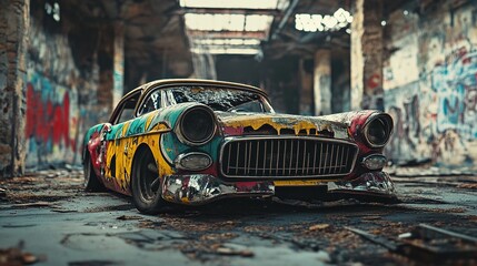 Obraz premium Abandoned colorful vintage car urban ruins photography street art ground level decay and beauty