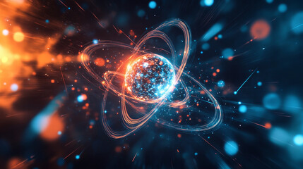 Fototapeta premium Atom. 3d illustration of an atomic reactor. Bbasis of universe. Study of structure of universe. Hadron Collider and Future Technologies