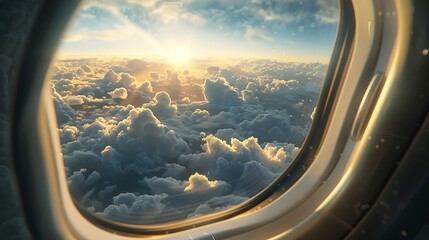 Obraz premium looking through a big jet passenger plane window, above the clouds
