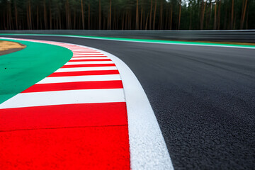 A curving race track with vibrant red and white stripes defining the edge. The track is bordered by green grass, with a forest in the background.