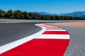Curving asphalt track with red and white markings, set against a backdrop of trees and mountains, perfect for racing.