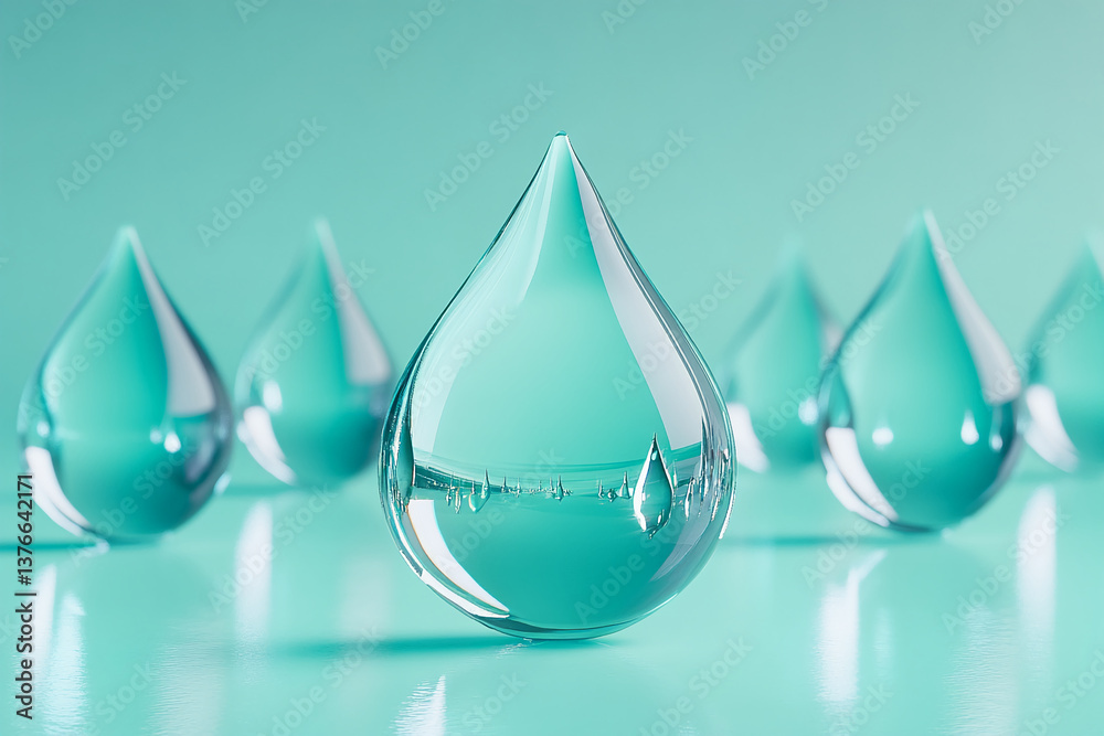Poster close-up of teal glass droplets on a teal surface, creating a refreshing and clean aesthetic. showca