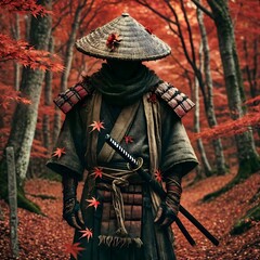 Obraz premium Mysterious ronin in forest with autumn leaves