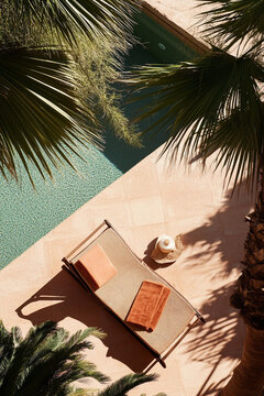 Tropical Poolside Relaxation with Sun Lounger and Palm Shadows