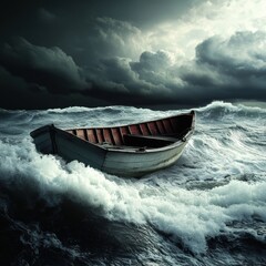 Stormy sea with a small boat caught in the waves as nature's fury unleashes its power over the water and sky Generative AI