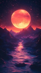 Oversized Orange Moon Rising Over a Reflective River

