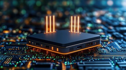 Close-up of a futuristic dark computer processor with glowing orange accents on an intricate circuit board showcasing complex pathways and technology design elements