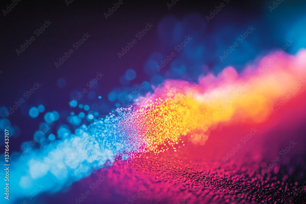 Poster Abstract image of vibrant blue, gold, and pink glitter, creating a dynamic and energetic atmosphere, showcasing a gradient of color ideal for backgrounds or design elements