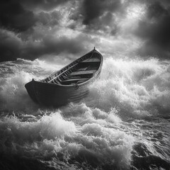 Storm at sea challenges faith as waves crash over a small boat while a figure confronts nature's fury and prays for salvation Generative AI