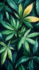Detailed Cannabis Leaves in Green and Yellow on Dark Background

