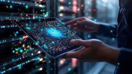 Close-up of hands holding tablet with digital padlock representation surrounded by data points in a high-tech server room environment for security concepts