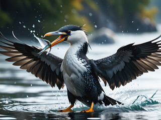 Cormorant Hunting Action: Wings Wide Open, Photorealistic 8K Close-Up of Silver-Scaled Fish Catch