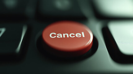A close up of a red button labeled 'Cancel' on a keyboard, symbolizing choices and control in digital interactions, emphasizing the power to undo actions.