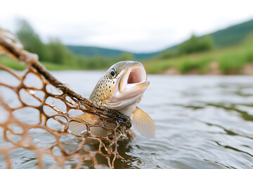 Brown trout caught in fishing net. Aquatic creature with mottled pattern. Outdoors adventure. Thrilling capture.