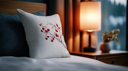 vintage bedroom dcor, cozy vintage bedroom with cherry pillows, soft lighting, and an old wooden dresser