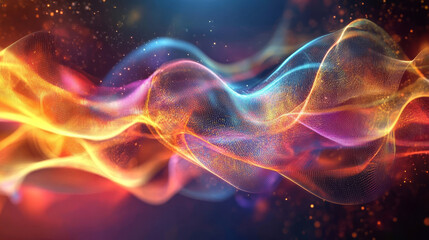 Obraz premium Big data cyber stream 3D illustration. Rhythmic waves of electrical impulses in a neural network. Sound and particles of musical rhythm. Blurred bokeh emotion in digital code space