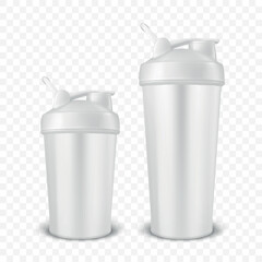 Vector Realistic 3D White Empty Glossy Metal Shaker Bottle With White Cap for Fitness Sports Nutrition Supplement Workout Hydration Closeup Isolated. Packaging Mockup Design Template