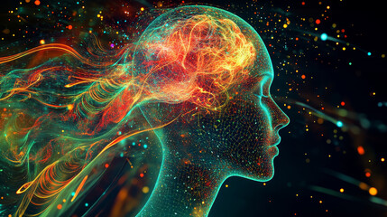 Big data cyber stream 3D illustration. Rhythmic waves of electrical impulses in a neural network. Sound and particles of musical rhythm. Blurred bokeh emotion in digital code space