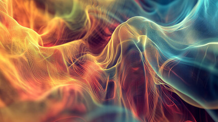 Obraz premium Big data cyber stream 3D illustration. Rhythmic waves of electrical impulses in a neural network. Sound and particles of musical rhythm. Blurred bokeh emotion in digital code space