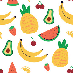 Seamless pattern with summer fruits. banana, lemon, watermelon, avacado, flat children's background with dessert, food. graphics for print, holidays, wallpaper, banner, surface texture, fabric. vector