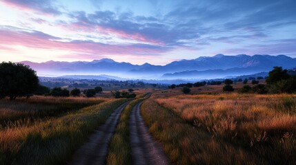 Fototapeta premium A Majestic Sunrise Over a Winding Dirt Road Leading Through a Picturesque Valley Towards Misty Purple-Hued Mountains and Scenic Landscape Views