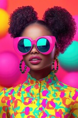 Vibrant Fashion Portrait of Stylish Woman with Colorful Glasses and Bold Outfit