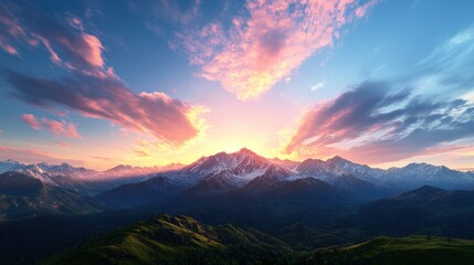 A Stunning Sunset Over Snow-Capped Mountains with Vibrant Pink and Orange Clouds Spreading Across a Clear Sky in a Breathtaking Panorama View