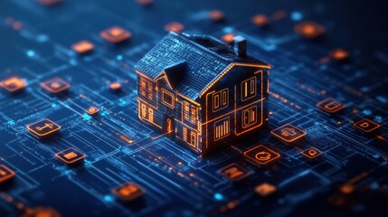 A 3D Model of a House Glowing Orange on a Circuit Board Symbolizing Innovative Smart Home Technology and Modern Digital Living Solutions