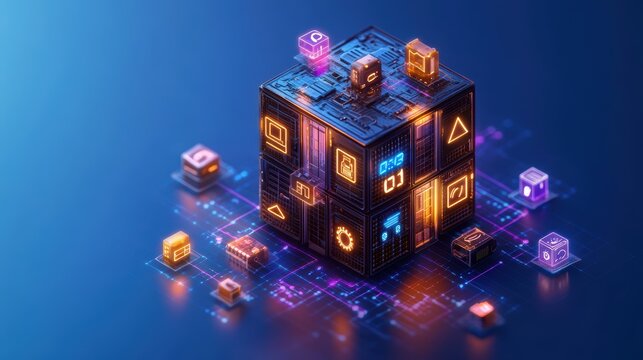 A glowing multifaceted digital cube representing data storage systems placed on a circuit board surrounded by interconnected smaller data blocks