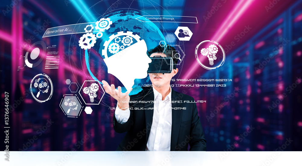Poster business man with goggles working while using ai technology. project manager with formal suit checki