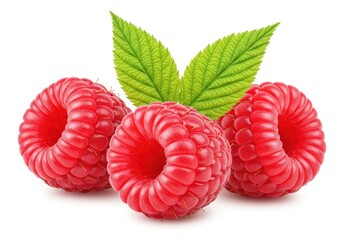 Three fresh vibrant red raspberries with green leaves isolated on a white background