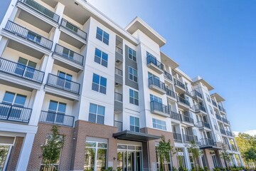 A modern apartment building exterior features a white and gray color scheme, set against a clear blue sky Generative AI