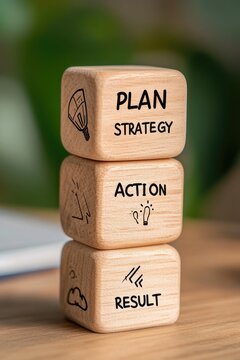 Strategic Planning and Action Concept: Achieving Results with Wooden Dice Blocks