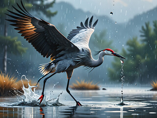 Fototapeta premium Stunning Photorealistic Crane Hunting Scene: Ultra-HD Fine Art Isolation of Talons Skimming Water