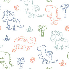 Obraz premium Dinosaurs seamless pattern. Colorful cartoons in sketch style. Doodle line art.