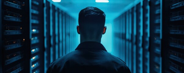 Young man in military uniform faces endless rows of illuminated server cabinets in a dark data center, partial shoulder visible. Blurred foreground space for text or graphics. High-tech security theme