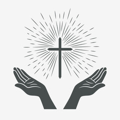 Black and White Open Hands with Cross and Divine Light, Symbol of Faith and Prayer. Design Template for Church Logo. Prayer, Religion Concept Monochrome Cut Out Silhouette Icon. Vector Illustration