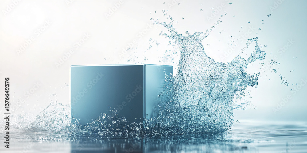 Poster blue cube in water splash, clean and refreshing concept, ideal for product showcase or advertisement