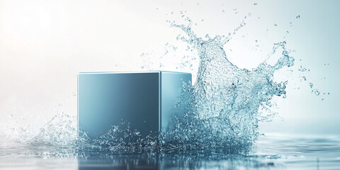 Blue cube in water splash, clean and refreshing concept, ideal for product showcase or advertisement, mockup design